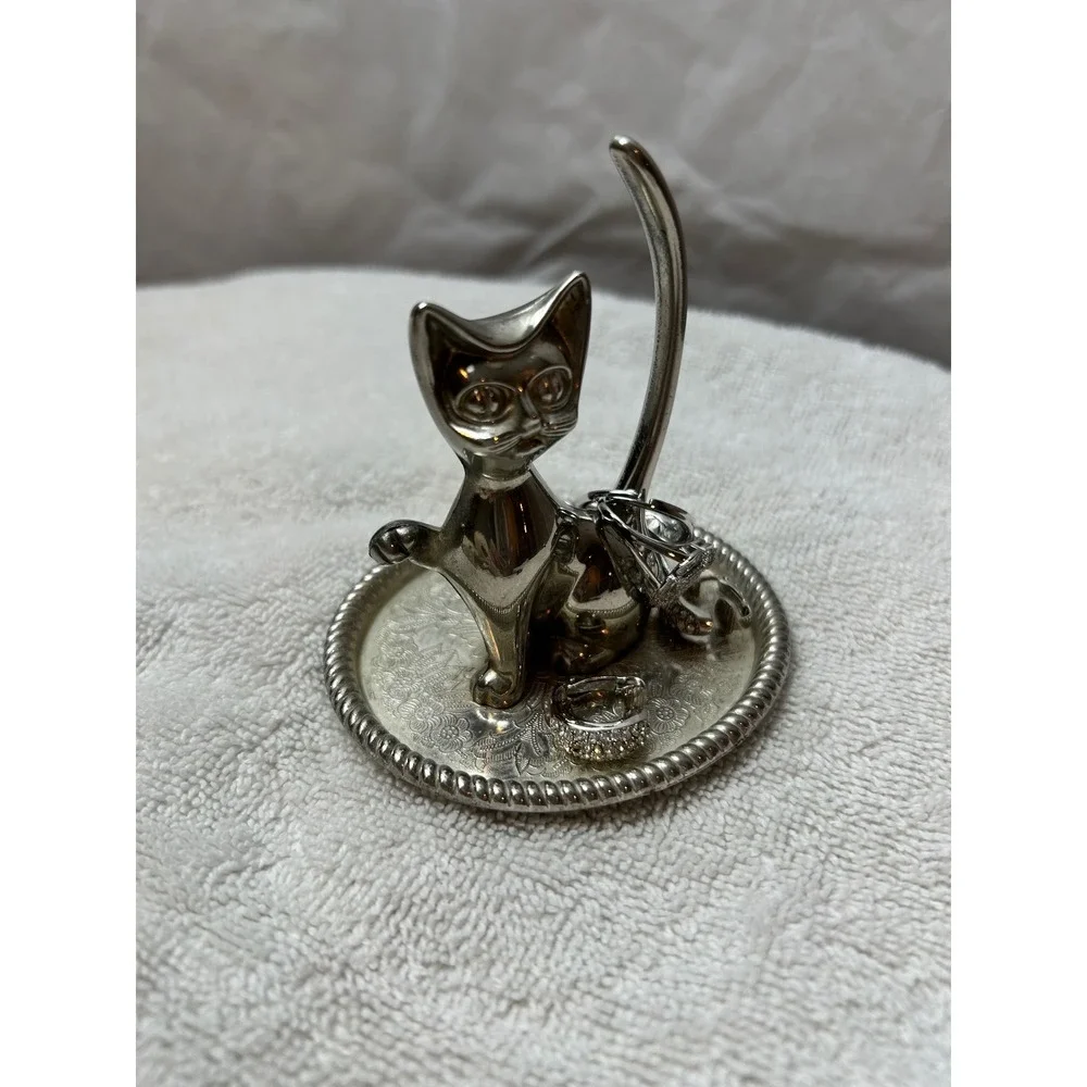 Cat Ring Holder Silver Trinket Dish Jewelry Tray Kitty Kitten Decor